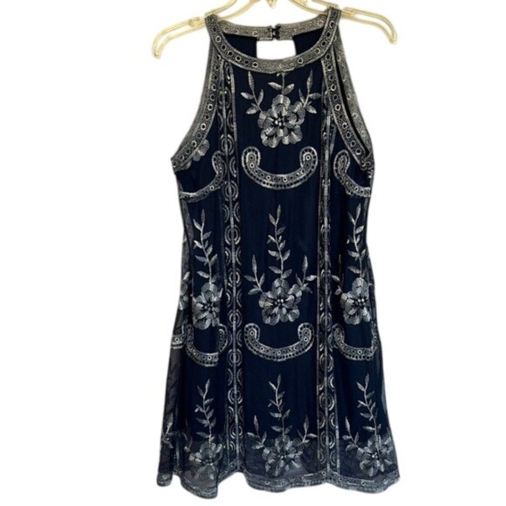 Altar'd State Embroidered Halter Mini Dress Small Navy Blue Floral Boho Festival